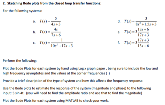 Solved 2. Sketching Bode plots from the closed loop transfer | Chegg.com