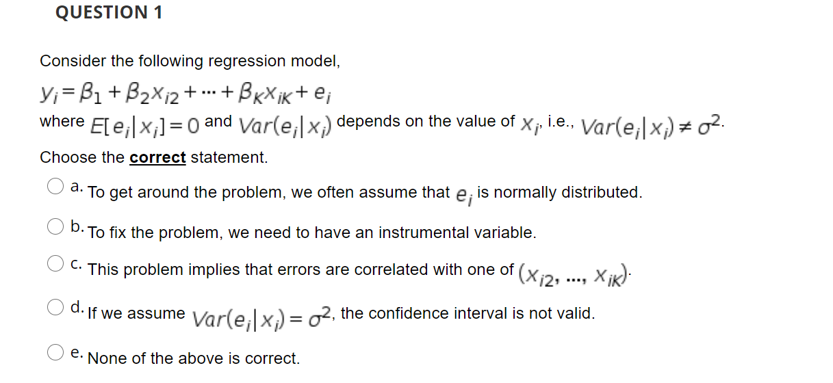 Solved QUESTION 1 Consider The Following Regression Model, | Chegg.com