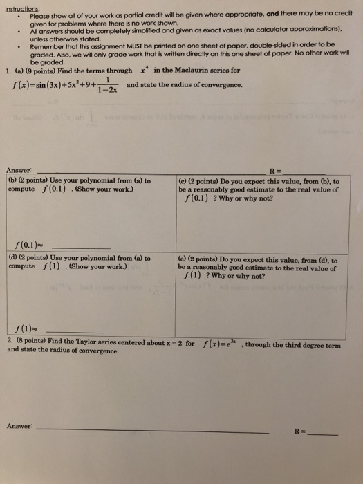 Solved Instructions: . Please show all of your work as | Chegg.com
