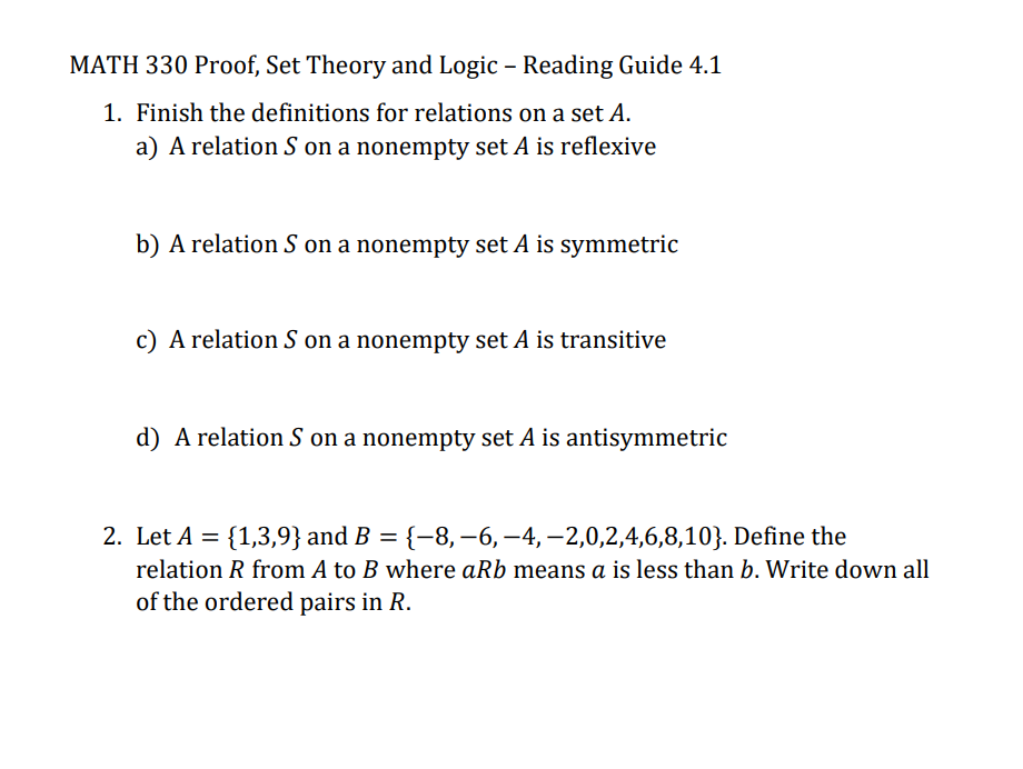 Solved MATH 330 Proof, Set Theory And Logic - Reading Guide | Chegg.com