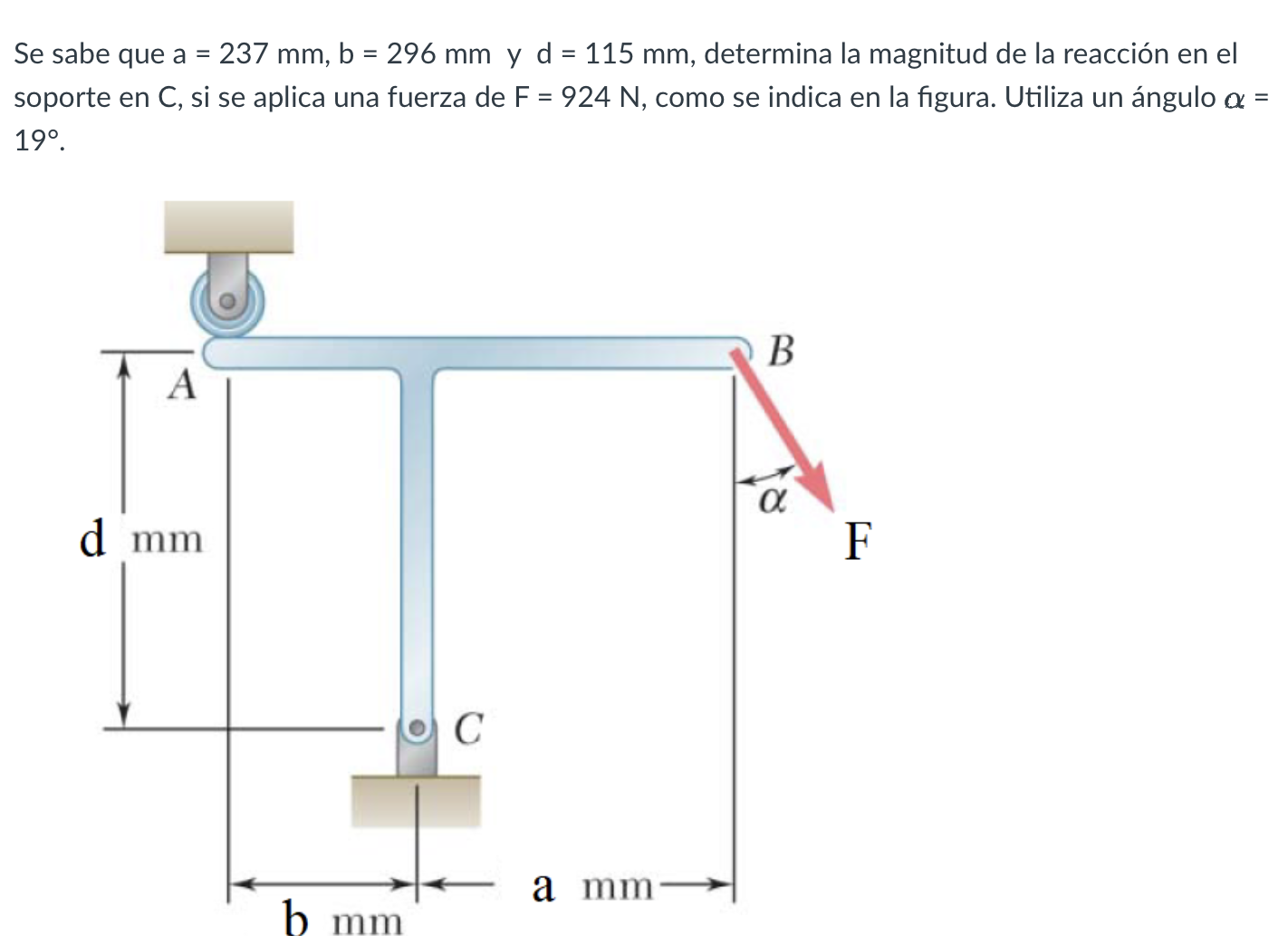 Se sabe que \( a=237 \mathrm{~mm}, b=296 \mathrm{~mm} \) y d = \( 115 \mathrm{~mm} \), determina la magnitud de la reacción e