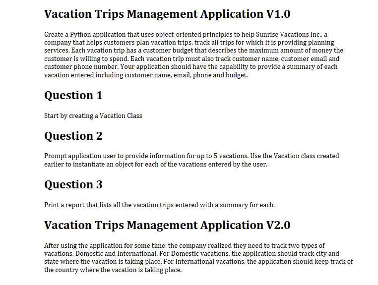 Solved Vacation Trips Management Application V1.0 Create a | Chegg.com