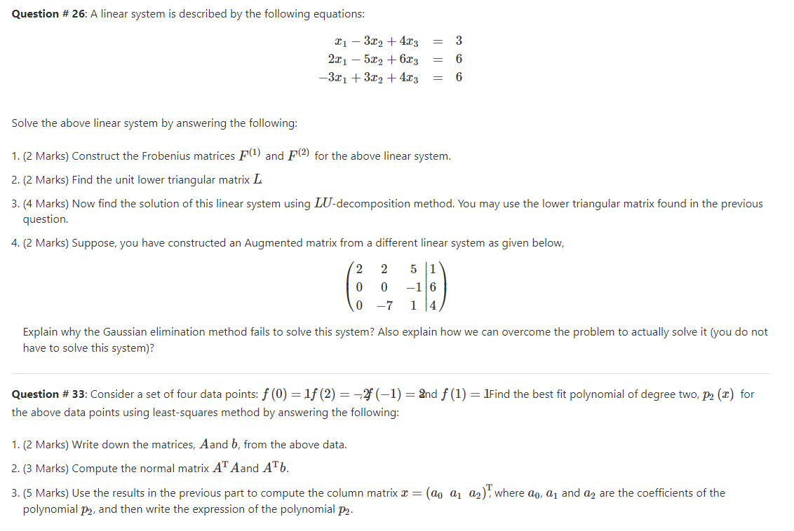 Solved Question # 26: A linear system is described by the | Chegg.com