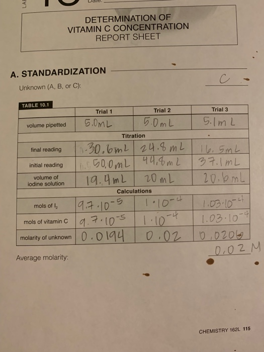 lab report assistant data table 3. determination of unknown