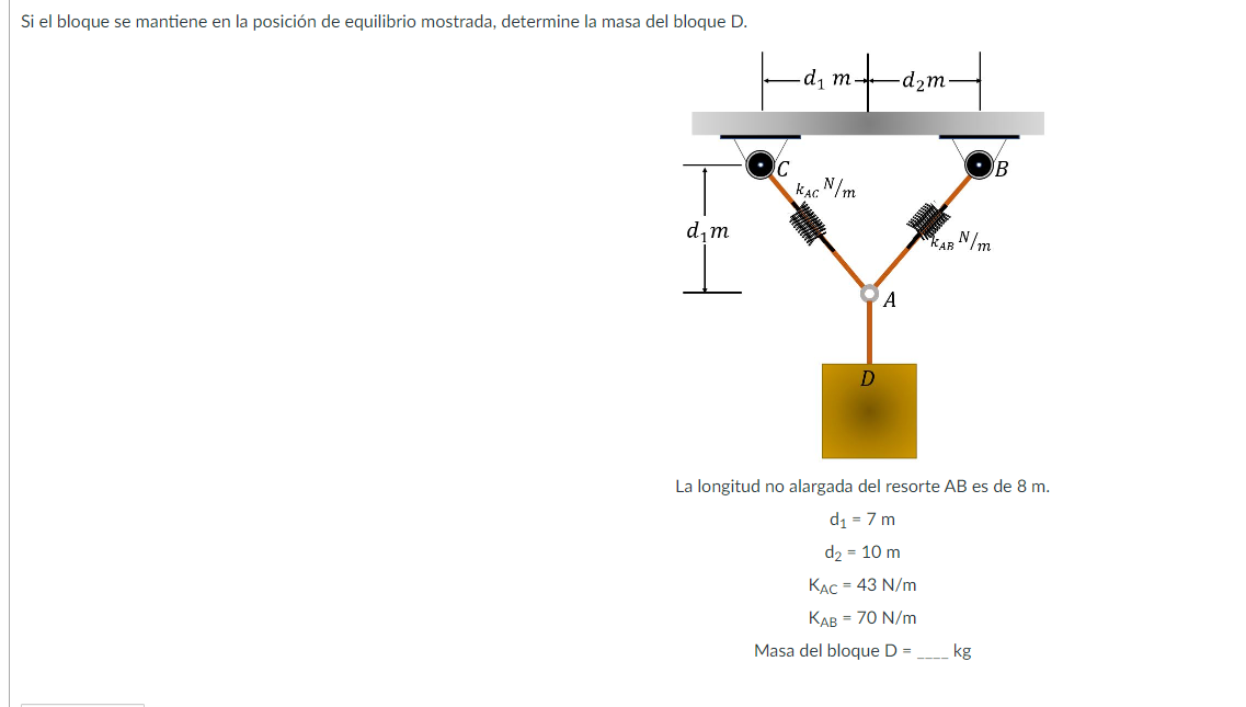 Si el bloque se mantiene en la posición de equilibrio mostrada, determine la masa del bloque D. La longitud no alargada del r