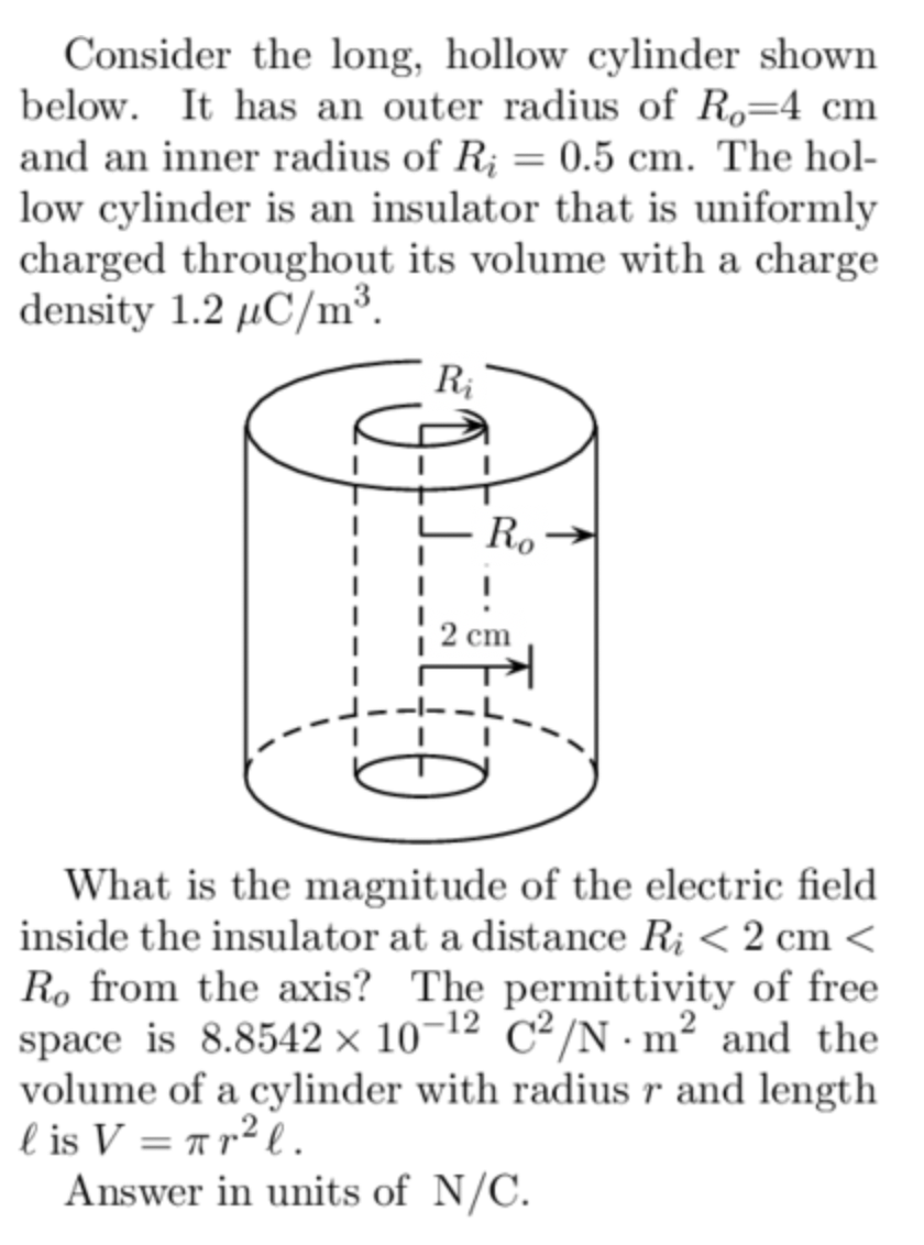 Consider the long, hollow cylinder shown below. It has an outer radius of \( R_{o}=4 \mathrm{~cm} \) and an inner radius of \