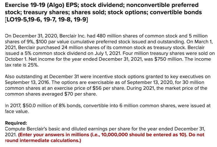 Solved Exercise 1919 (Algo) EPS; stock dividend;