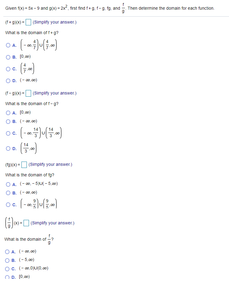 Solved Given f(x)= 5x – 9 and g(x) = 2x², first find f+g, | Chegg.com