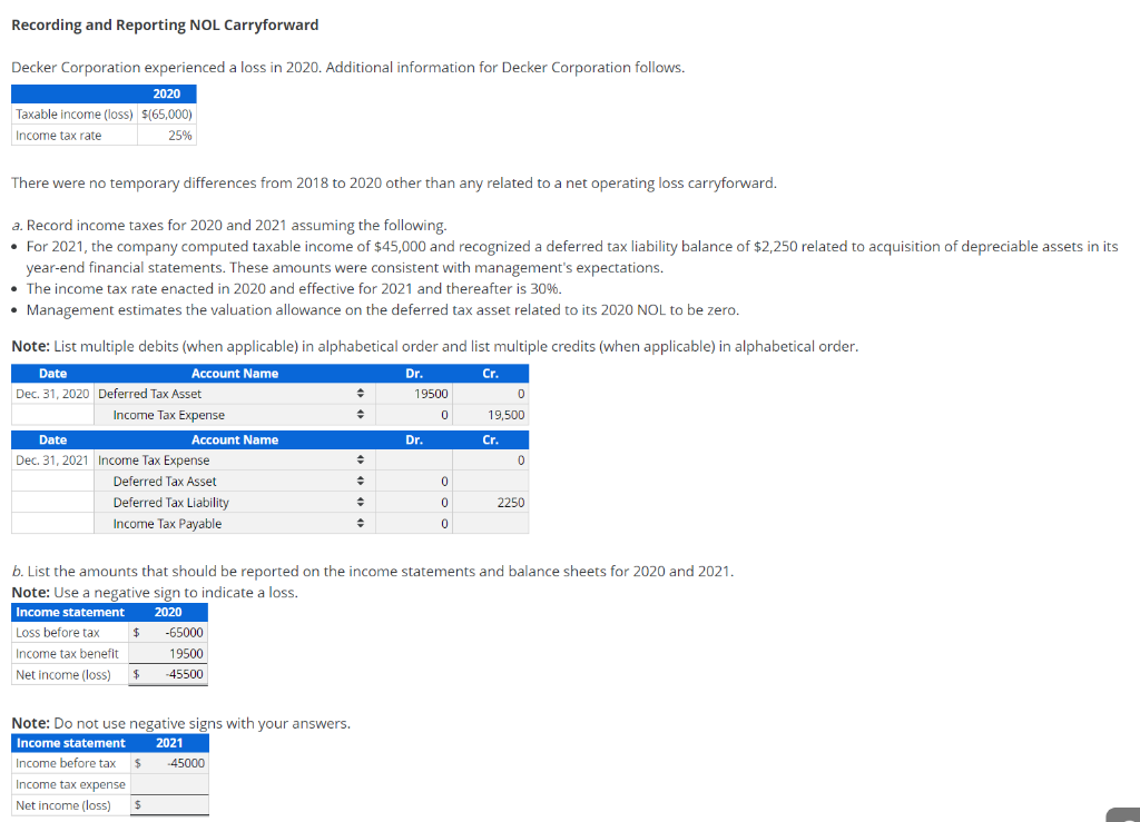 Recording and Reporting NOL Carryforward Decker | Chegg.com