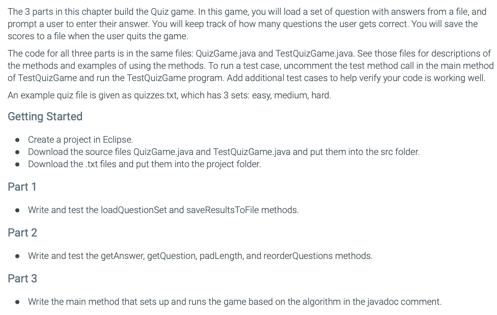 QuizGame.java (you do not need to include the | Chegg.com