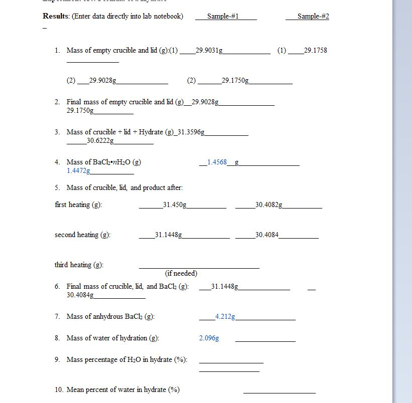 Solved Results: (Enter data directly into lab notebook) | Chegg.com