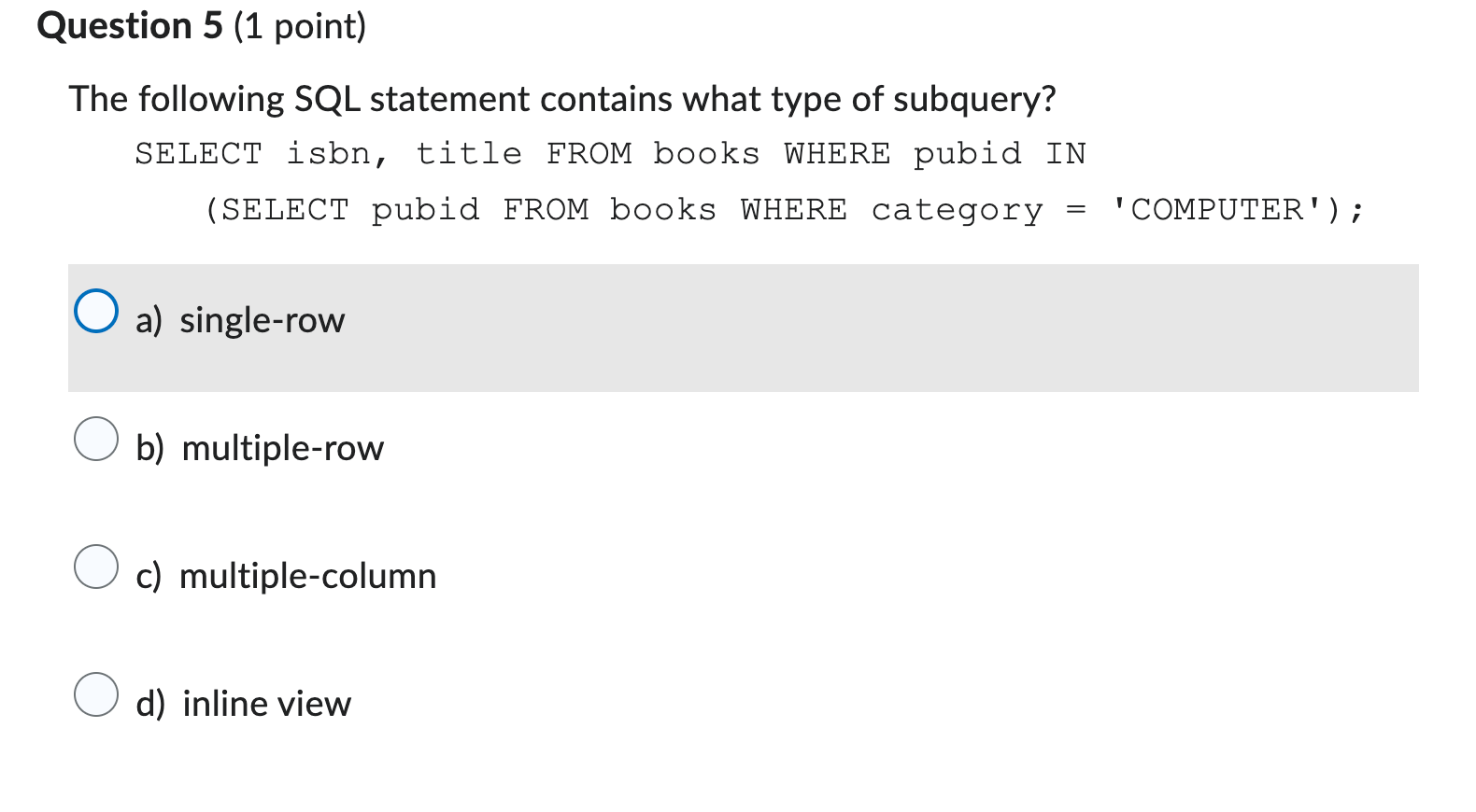 Solved The following SQL statement contains what type of Chegg