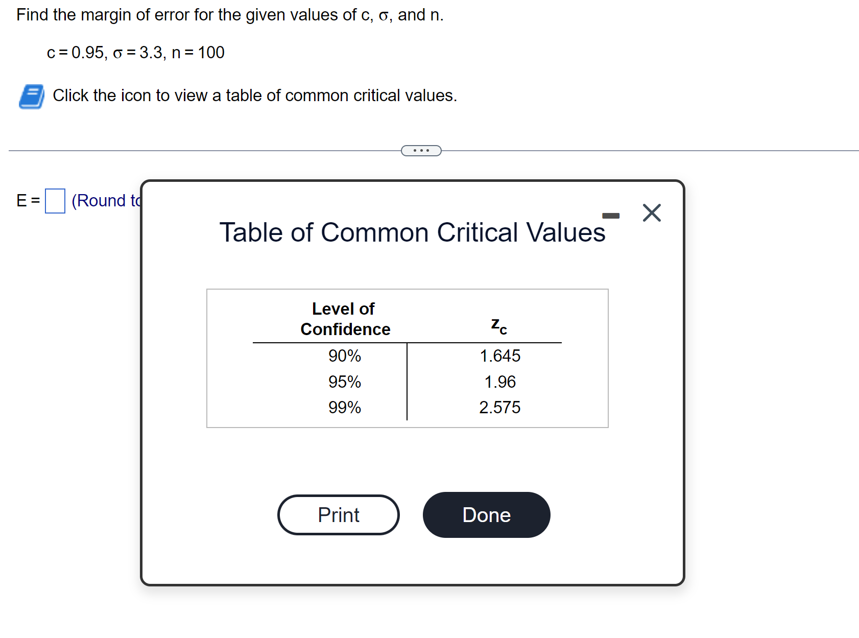 Solved Find the margin of error for the given values of c,σ 