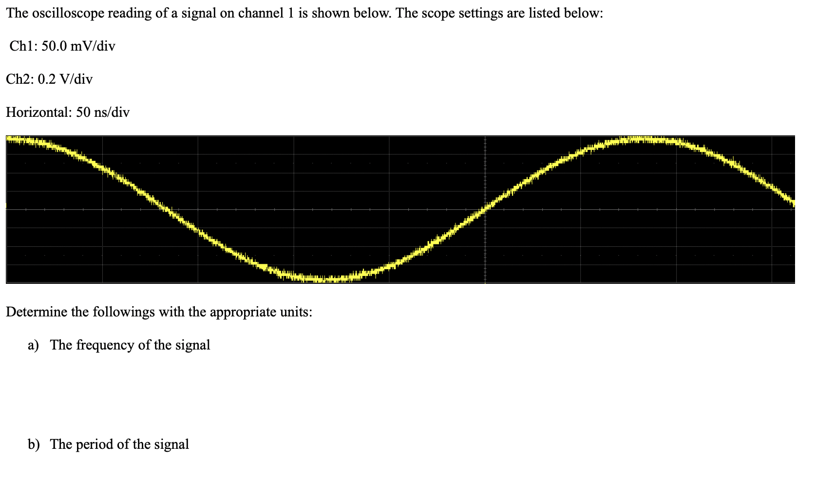 Solved The oscilloscope reading of a signal on channel 1 is | Chegg.com