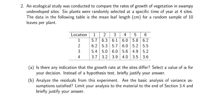 Solved 2. An ecological study was conducted to compare the | Chegg.com