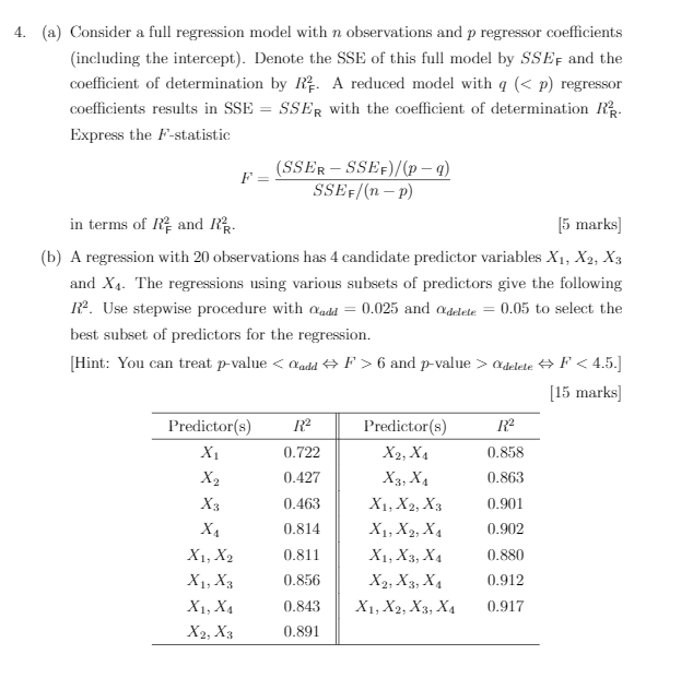 Solved 4. (a) Consider a full regression model with n | Chegg.com