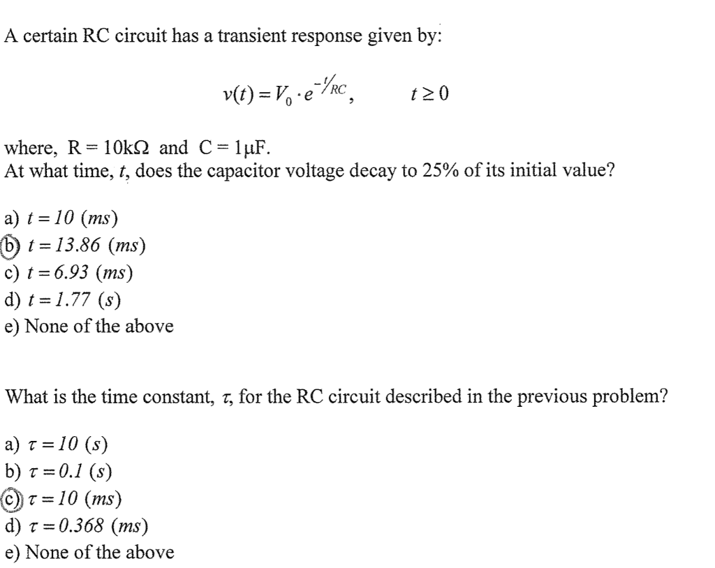 Solved A certain RC circuit has a transient response given | Chegg.com