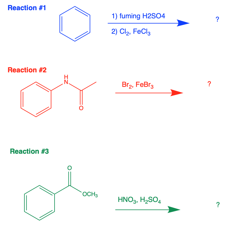 Reaction #1
1) fuming H2S04
?
2) Cl2, FeCl2
Reaction #2
ZI
Br2, FeBrz
?
Reaction #3
3
OCH3
HNO3, H2SO4
? ?
