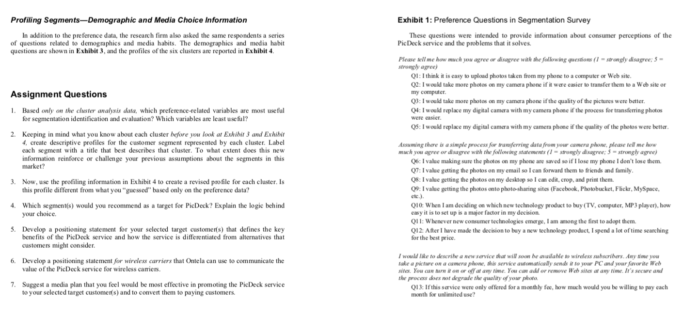 Solved Ontela PicDeck (B): Customer Segmentation, Targeting, | Chegg.com