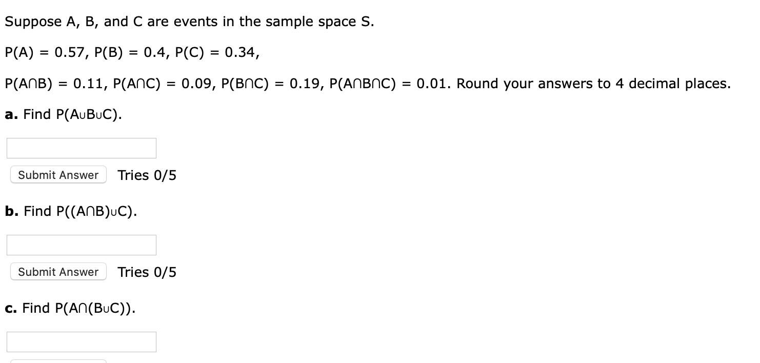 Solved Suppose A, B, and C are events in the sample space S. | Chegg.com