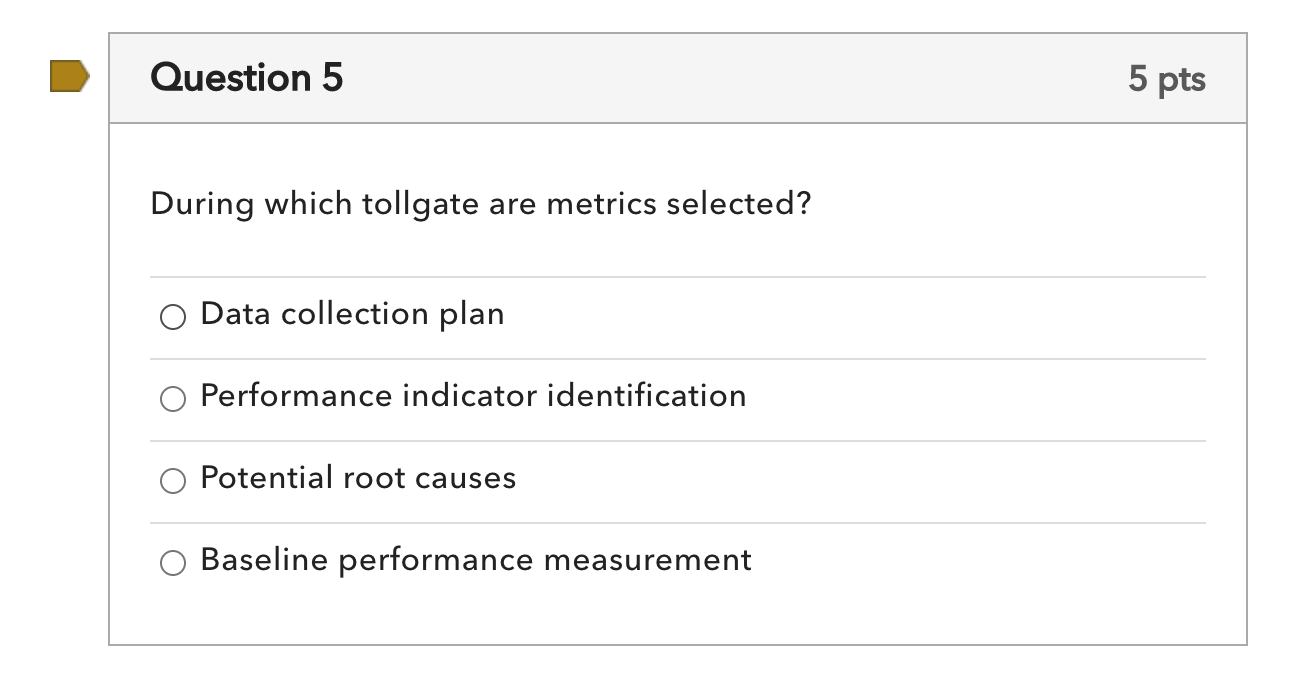 Solved Question 5 5 pts During which tollgate are metrics