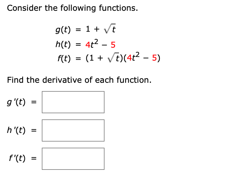 Solved Consider the following functions. g(t) = 1 + Vt h(t) | Chegg.com