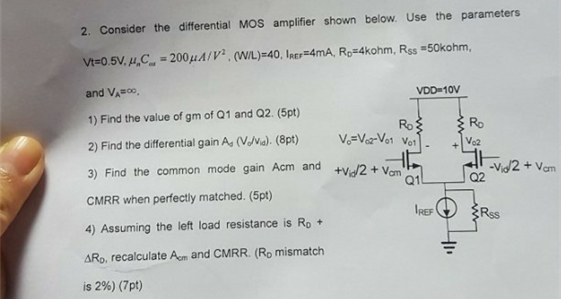 Solved 2. Consider the differential MOS amplifier shown | Chegg.com