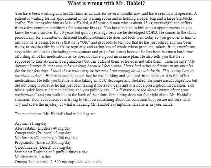 What is wrong with Mr. Haldol? You have been working at a health clinic as an aide for several months now and have seen how i