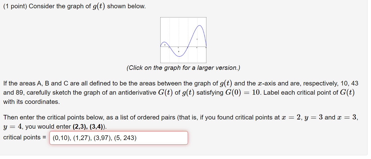 Solved (1 point) Consider the graph of g(t) shown below. | Chegg.com