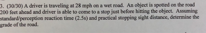 Solved 3. (30/30) A driver is traveling at 28 mph on a wet | Chegg.com