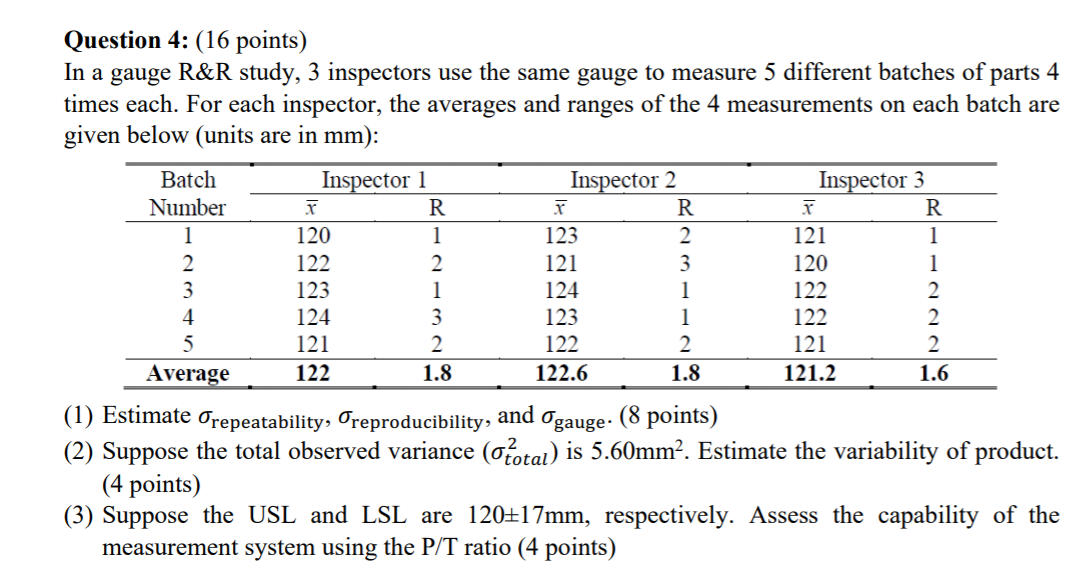 Solved Question 4: (16 points) In a gauge R&R study, 3 | Chegg.com