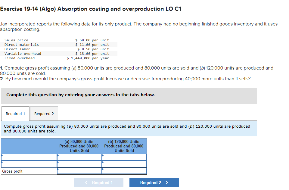 Solved Exercise 19-14 (Algo) Absorption Costing And | Chegg.com