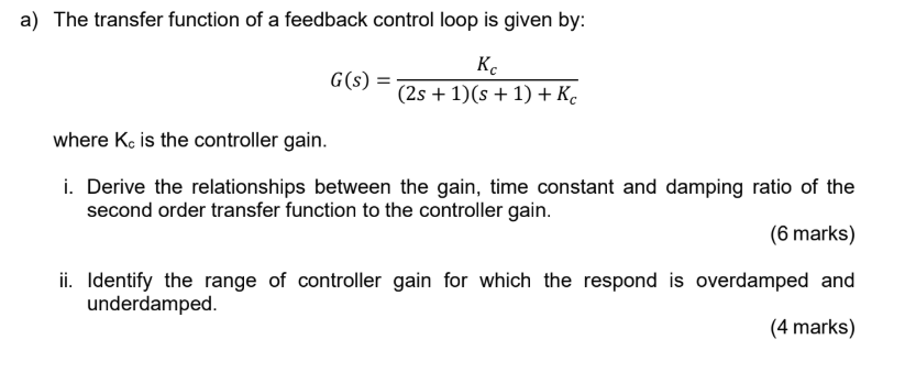Solved a) The transfer function of a feedback control loop | Chegg.com