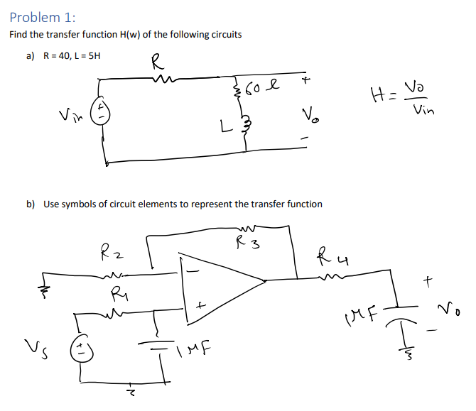 Solved Problem 1: Find the transfer function H(w) of the | Chegg.com
