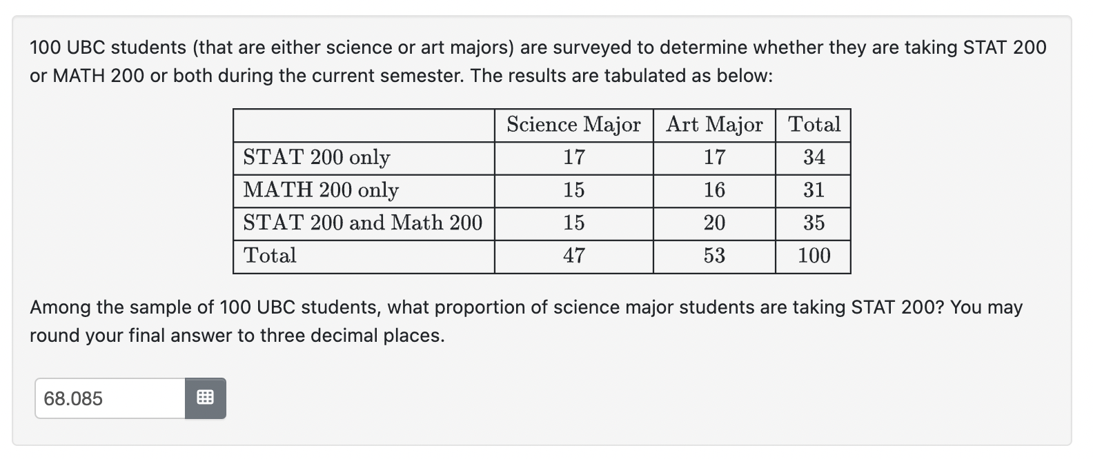 Solved 100 UBC students (that are either science or art | Chegg.com