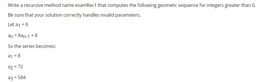 Solved Write a recursive method name examRec1 that computes | Chegg.com