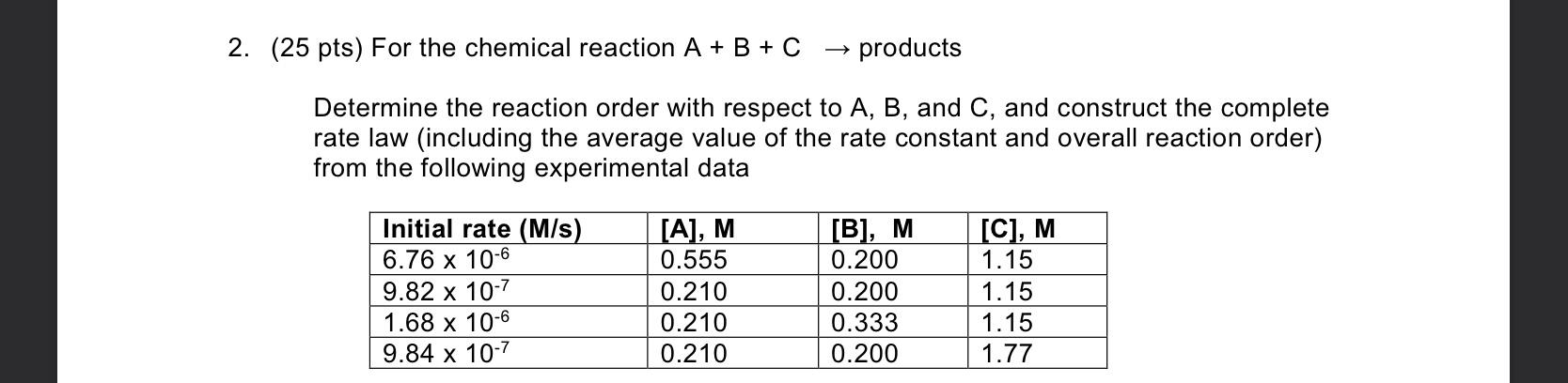 Solved 2. (25 pts) For the chemical reaction A + B + C → | Chegg.com