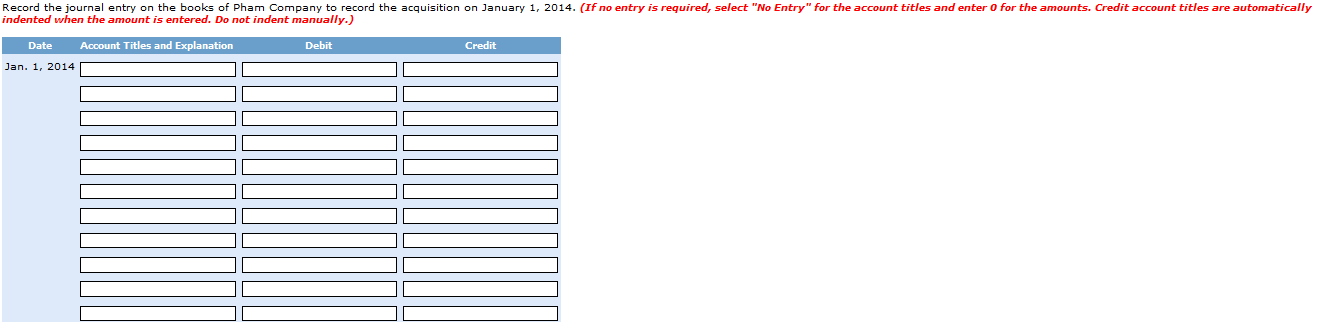 Record the journal entry on the books of pham company to record the acquisition on january 1, 2014. (if no entry is required,