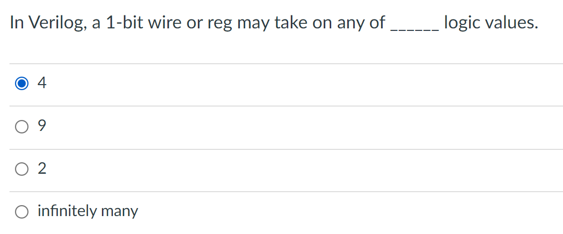 Solved In Verilog, a 1-bit wire or reg may take on any of | Chegg.com