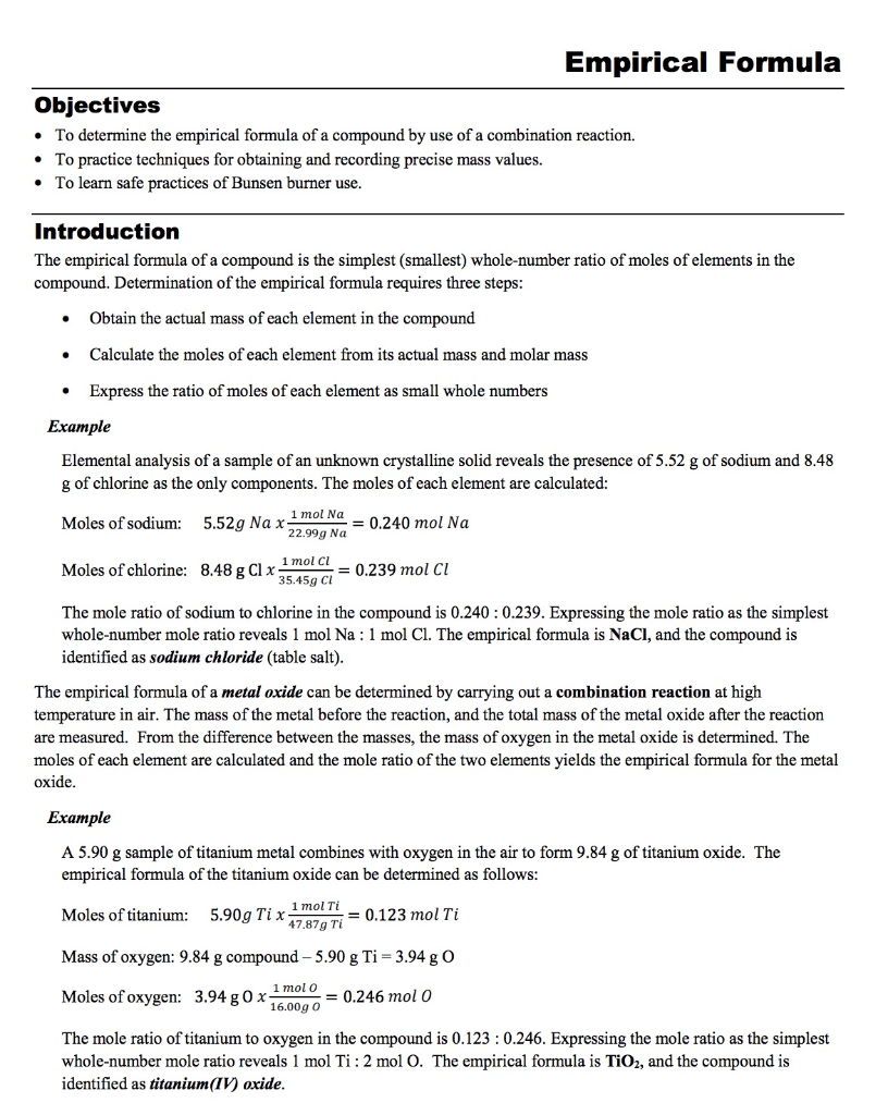 Solved Empirical Formula formal lab report How to write the | Chegg.com