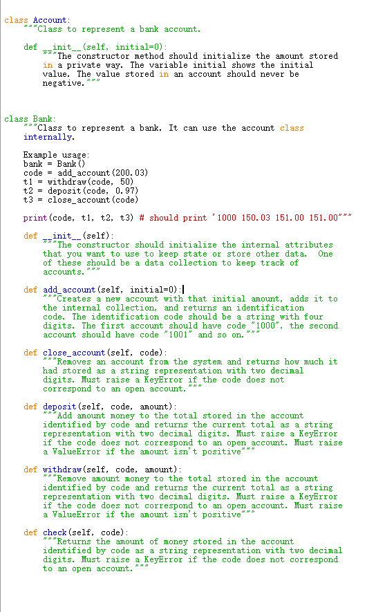 Solved Python Bank: a class to model a bank, which manages | Chegg.com