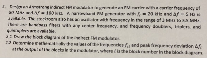 Solved 2. Design An Armstrong Indirect FM Modulator To | Chegg.com