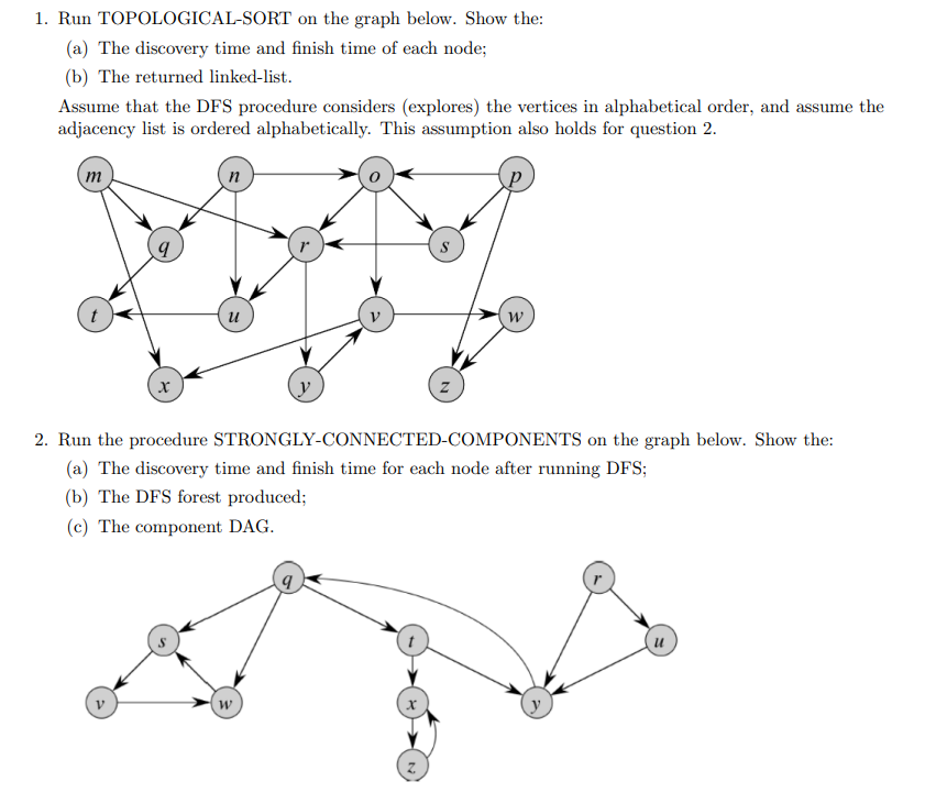 Solved 1. Run TOPOLOGICAL-SORT on the graph below. Show the: | Chegg.com