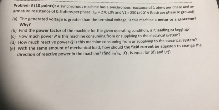 Solved Problem 3 (10 points): A synchronous machine has a | Chegg.com