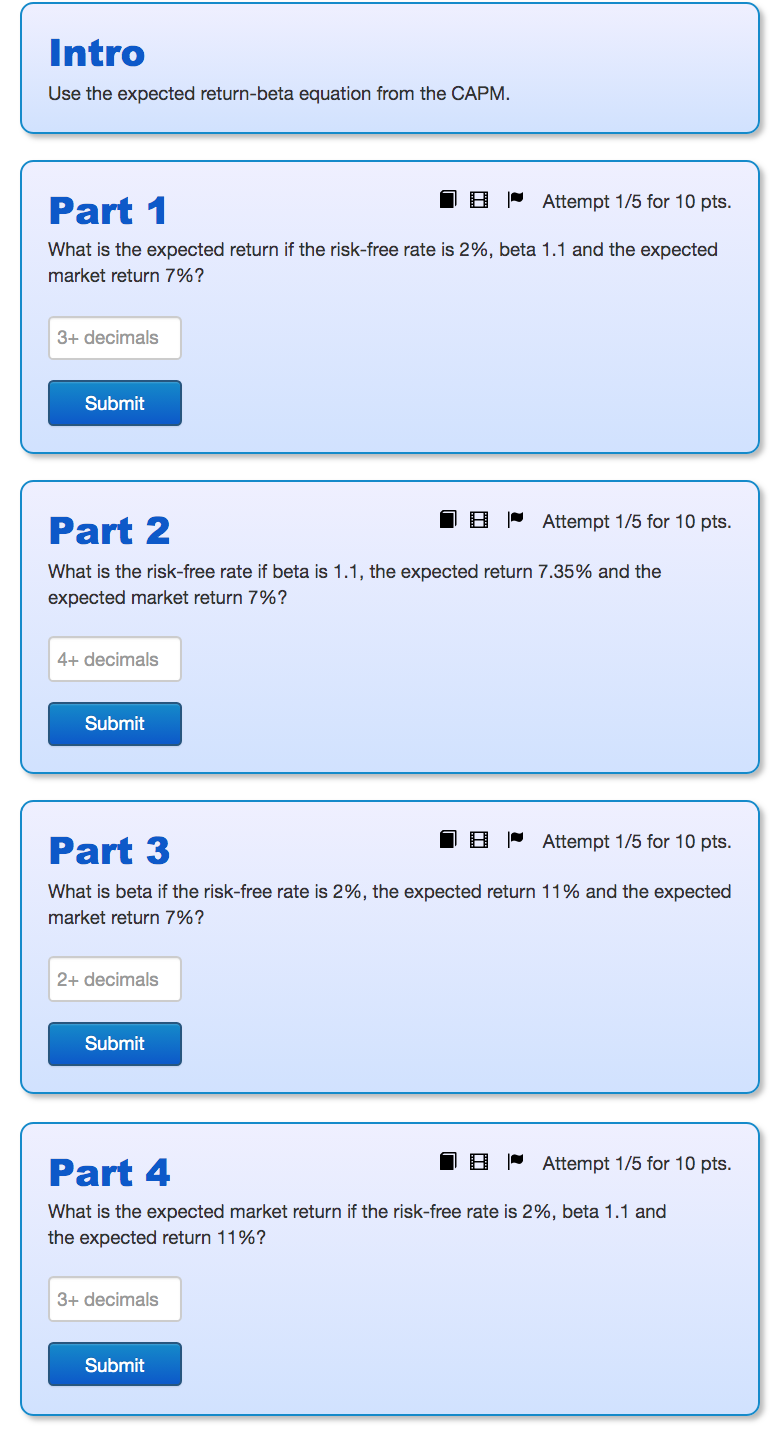 Solved Intro Use The Expected Return-beta Equation From The | Chegg.com