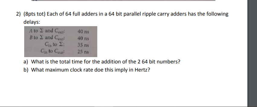 Solved 2) (8pts tot) Each of 64 full adders in a 64 bit | Chegg.com