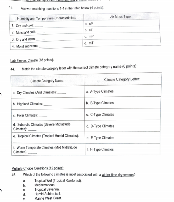 Solved 43 An swer matching questions 1-4 in the table below | Chegg.com