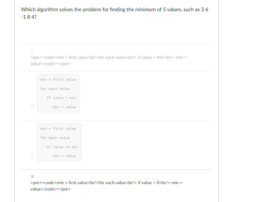 Which algorithm solves the problem for finding the minimum of 5 values, such as 36 \( -184 \) ?
\( < \) pre \( >< \) code \( 