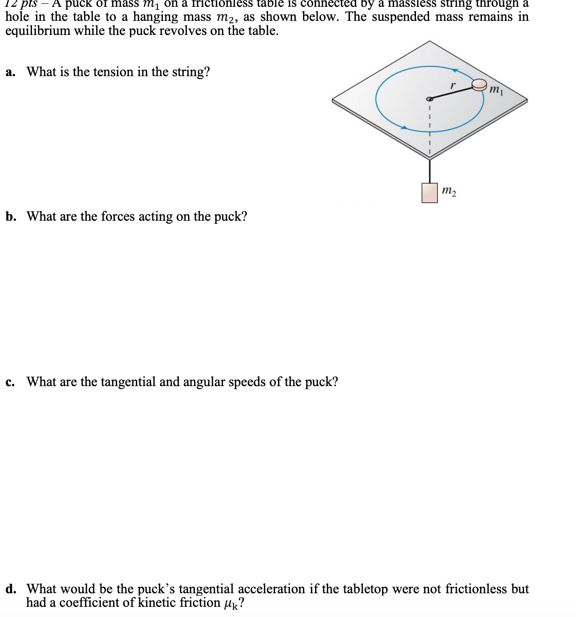 Solved 12 pts – A puck of mass mı on a frictionless table is | Chegg.com