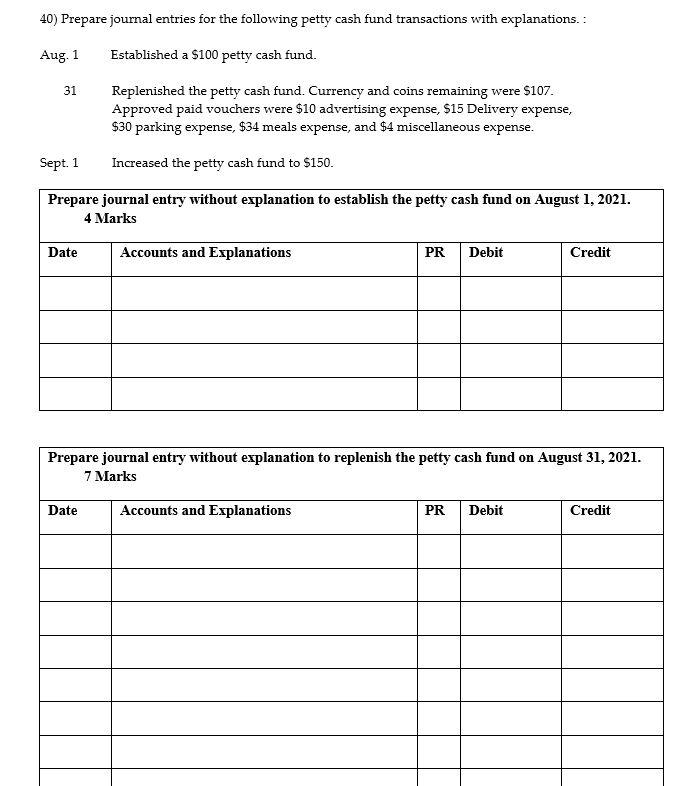 Solved 40) Prepare journal entries for the following petty | Chegg.com